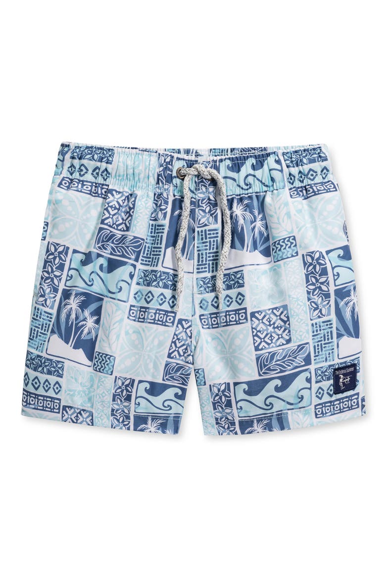 Kids' Palm Print Swim Trunks, Main, color, AQUA