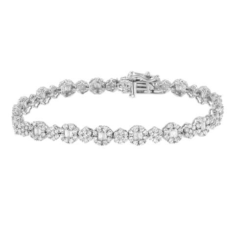 10K White Gold 4.0 cttw and Baguette Diamond Floral Cluster Link Bracelet