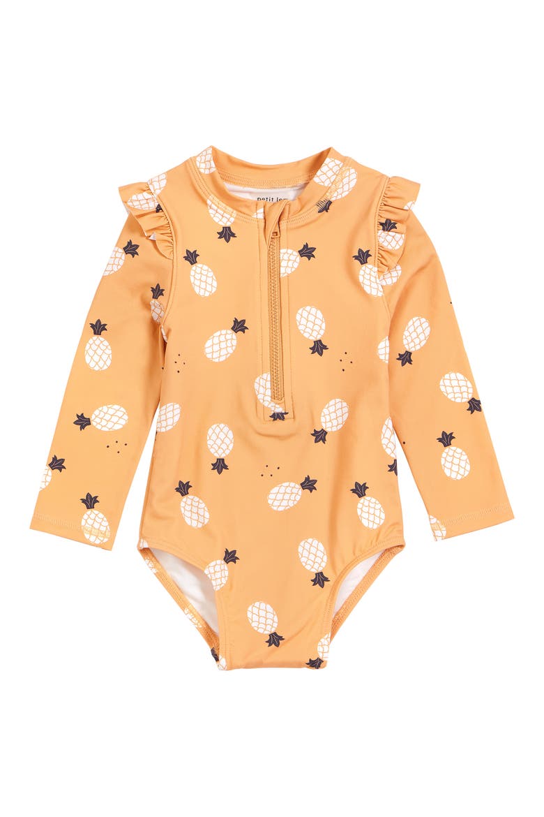 Pineapples Long Sleeve One-Piece Rashguard Swimsuit, Main, color, GOLDEN YELLOW