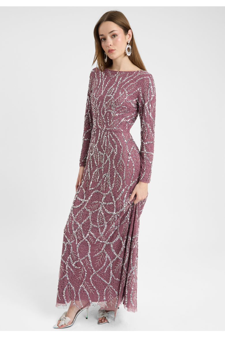 Modest Embellished Sequin Beaded Dress Maxi With A Line Bottom, Alternate, color, MAUVE