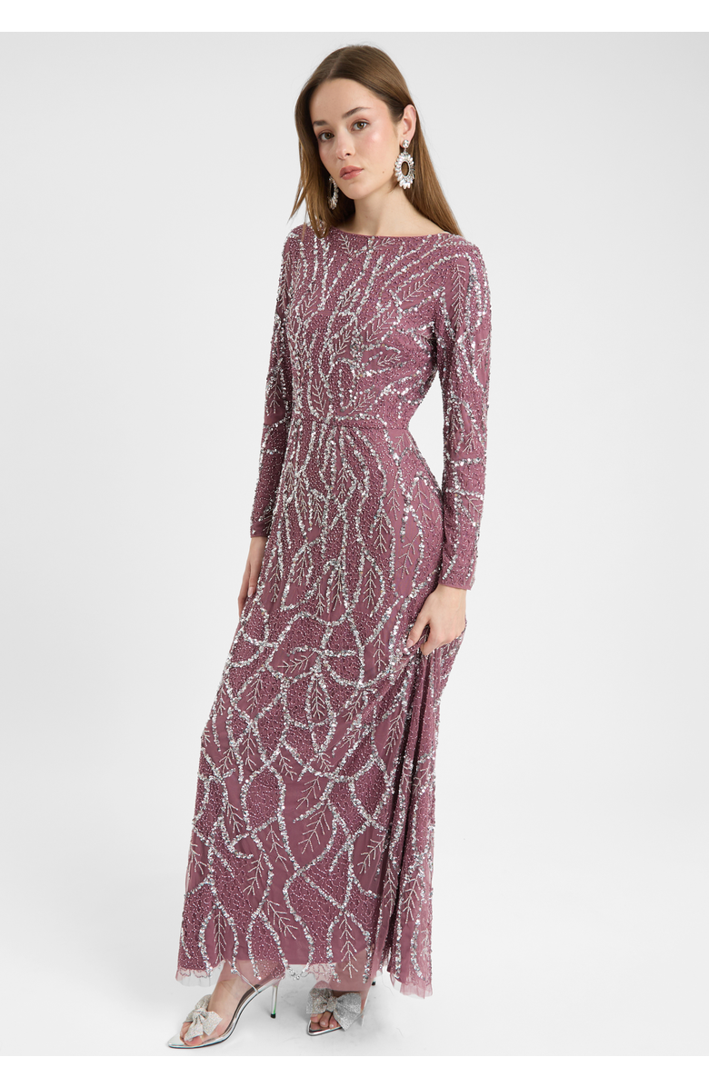MARYISA Modest Embellished Sequin Beaded Dress Maxi With A Line Bottom, Alternate, color, Mauve