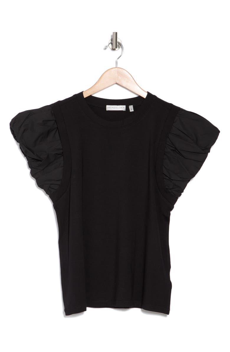 PATRIZIA LUCA Ruched Puff Sleeve Mixed Media T-Shirt, Alternate, color, Black