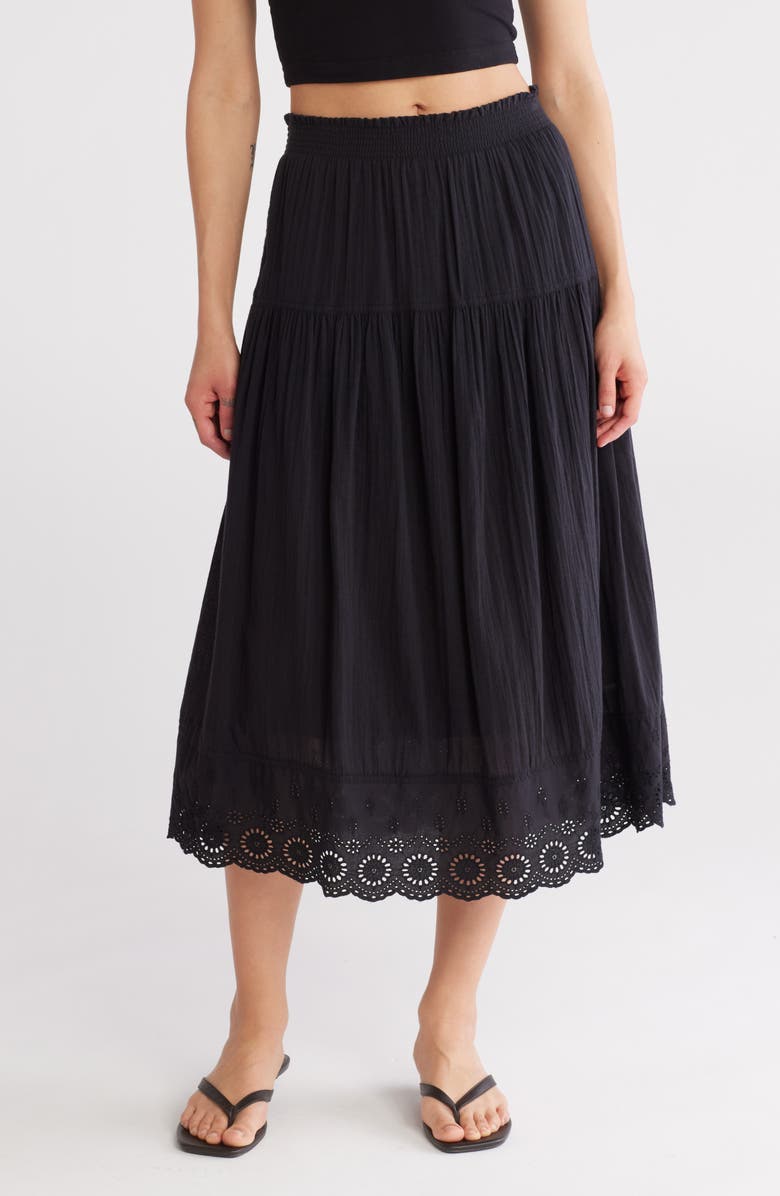 Melrose and Market Smocked Waist Eyelet Lace Hem Skirt, Main, color, Black
