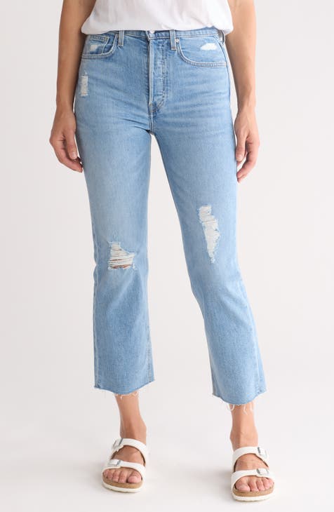 The Monaghan Ripped Raw Hem Crop Straight Leg Mom Jeans (Faded Wash With Cuttings)