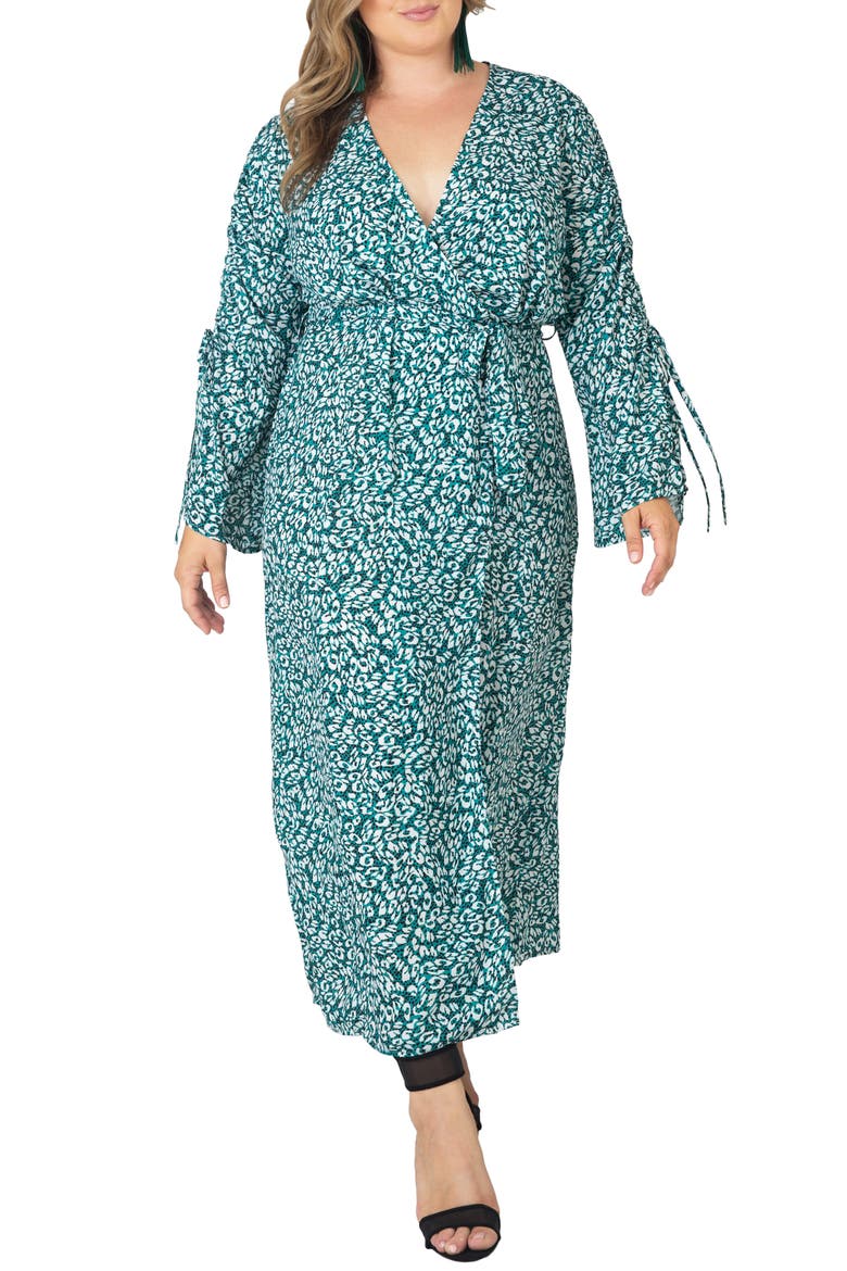 Ruched Long Sleeve Wrap Maxi Dress, Main, color, GREEN LEOPARD