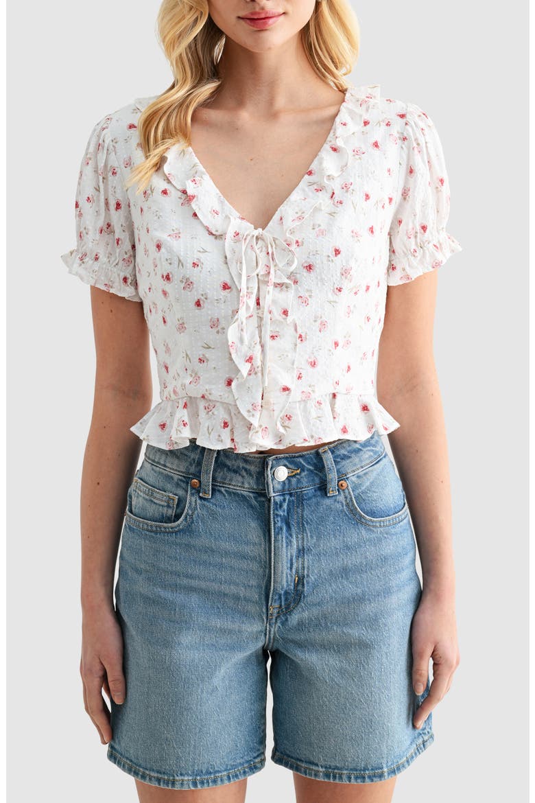 Ruffle Trim Tie Front Top, Main, color, CREAM RED DITSY