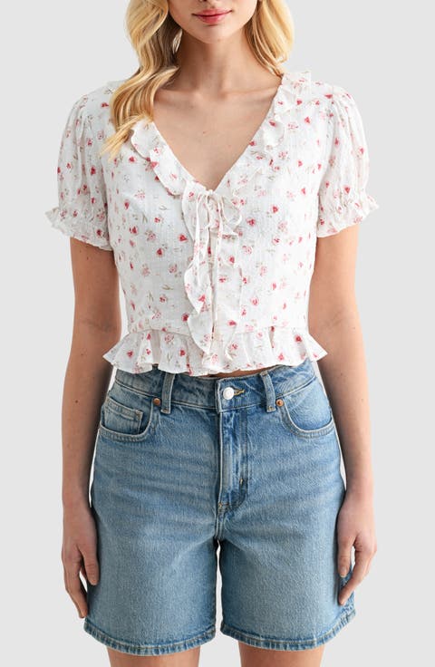 Ruffle Trim Tie Front Top