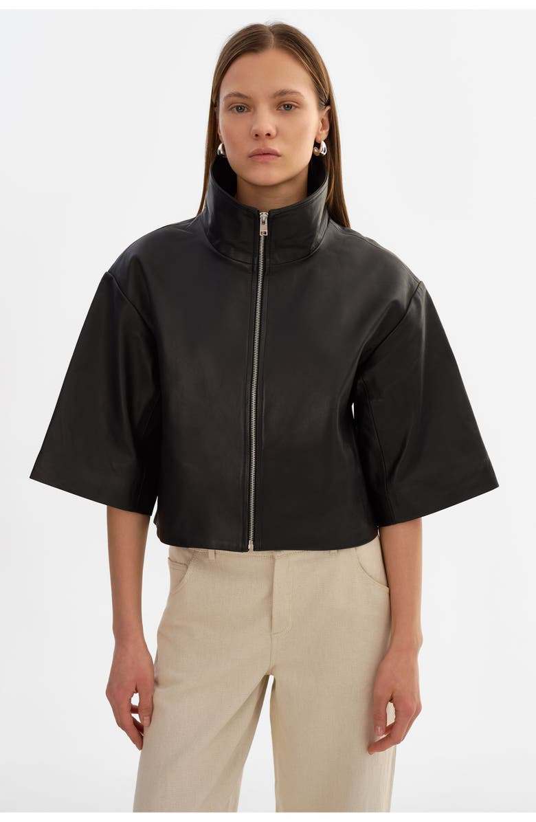 LAMARQUE Elin | Leather Funnel Neck Jacket, Alternate, color, Black