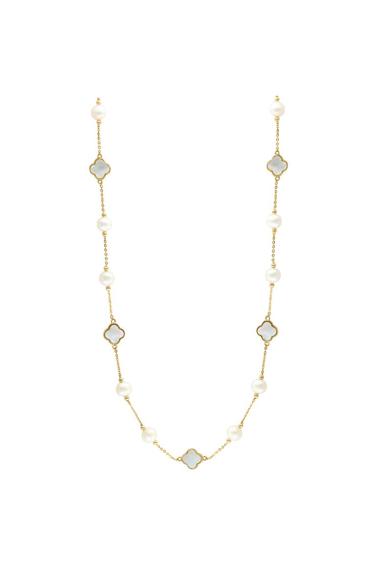 14K Yellow Gold Mother-of-Pearl & Freshwater Pearl Clover Station Necklace, Alternate, color, 14K Gold