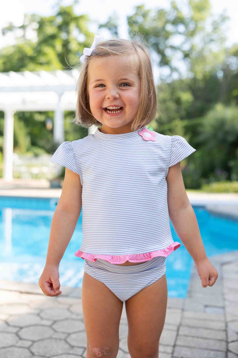 Cap Sleeve Rash Guard Tankini With Flower, Alternate, color, Blue/White