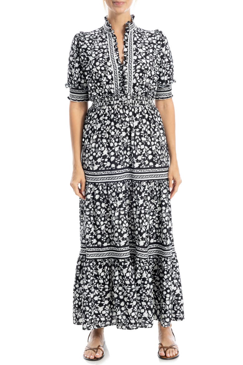 Floral Short Sleeve Tiered Maxi Dress, Alternate, color, BLACK/ WINTER WHITE