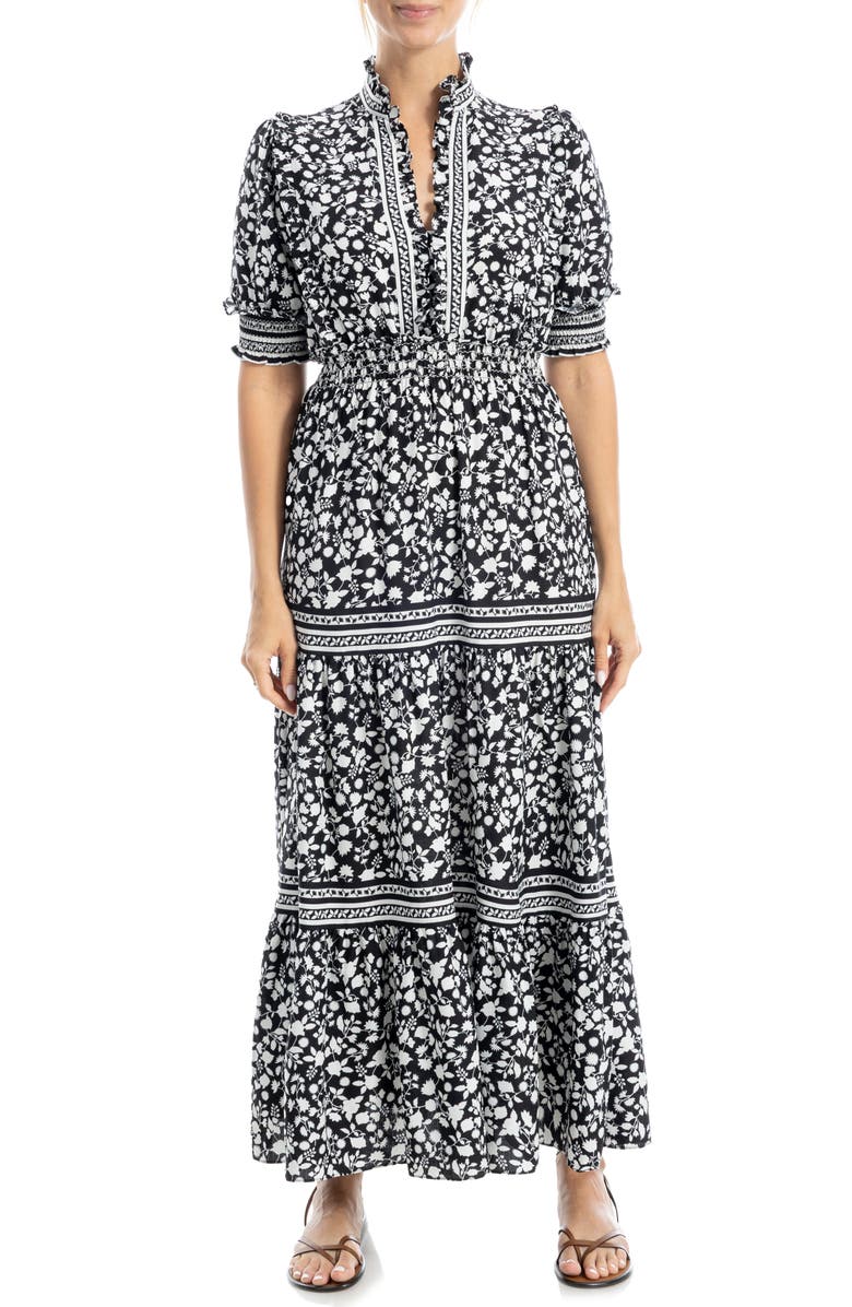 MAX STUDIO Floral Short Sleeve Tiered Maxi Dress, Alternate, color, Black/ Winter White