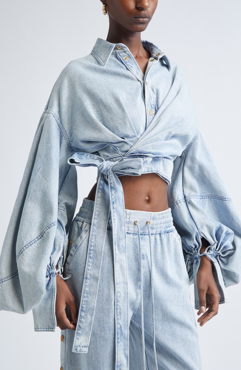 Zimmermann Rebellion Denim Wrap Crop Top, Alternate, color, Castaway