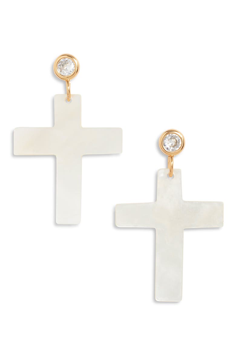 Roma Cross Drop Earrings, Main, color, PEARL