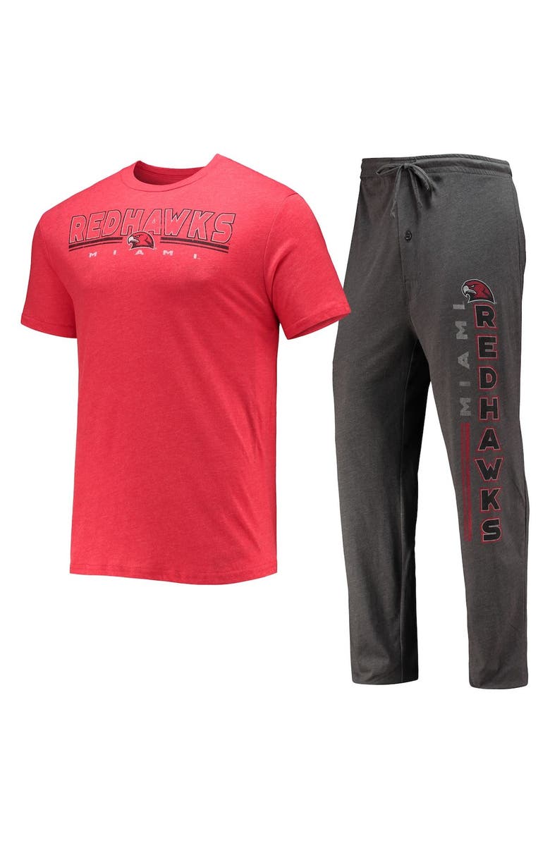 CONCEPTS SPORT Men's Concepts Sport Heathered Charcoal/Red Miami University RedHawks Meter T-Shirt & Pants Sleep Set, Main, color, Heather Charcoal