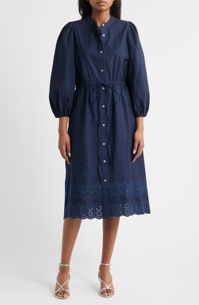Julia Jordan Tie Waist Long Sleeve Cotton Midi Dress, Main, color, Navy
