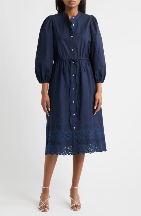 Tie Waist Long Sleeve Cotton Midi Dress
