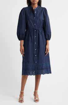 Tie Waist Long Sleeve Cotton Midi Dress