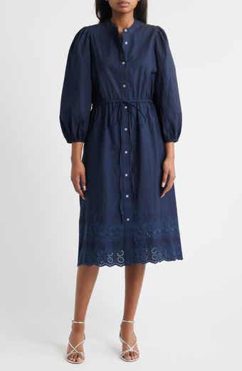Tie Waist Long Sleeve Cotton Midi Dress