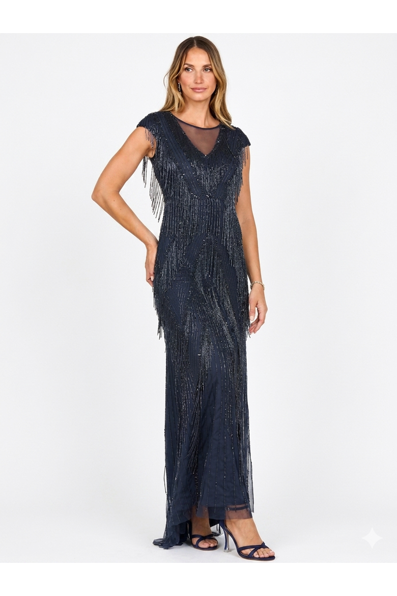 Beaded Fringe V-Neckline Dress with Cap Sleeves, Main, color, Navy