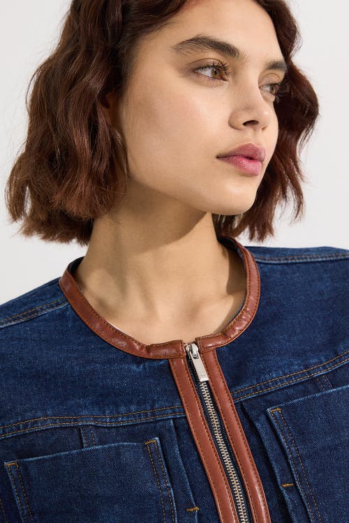 Karen Millen Denim & Leather Collarless Jacket In Blue