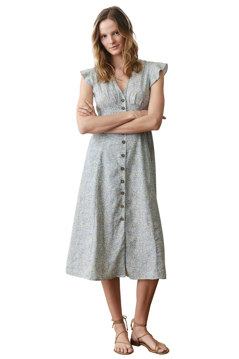 Camila Floral Button Front Hemp Blend Midi Dress, Alternate, color, SEA FLORAL