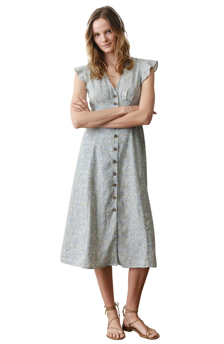 Marine Layer Camila Floral Button Front Hemp Blend Midi Dress, Alternate, color, Sea Floral