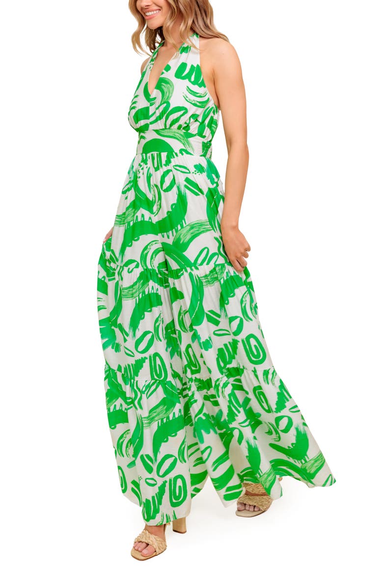 Print Wide Leg Halter Jumpsuit, Alternate, color, IVORY GREEN