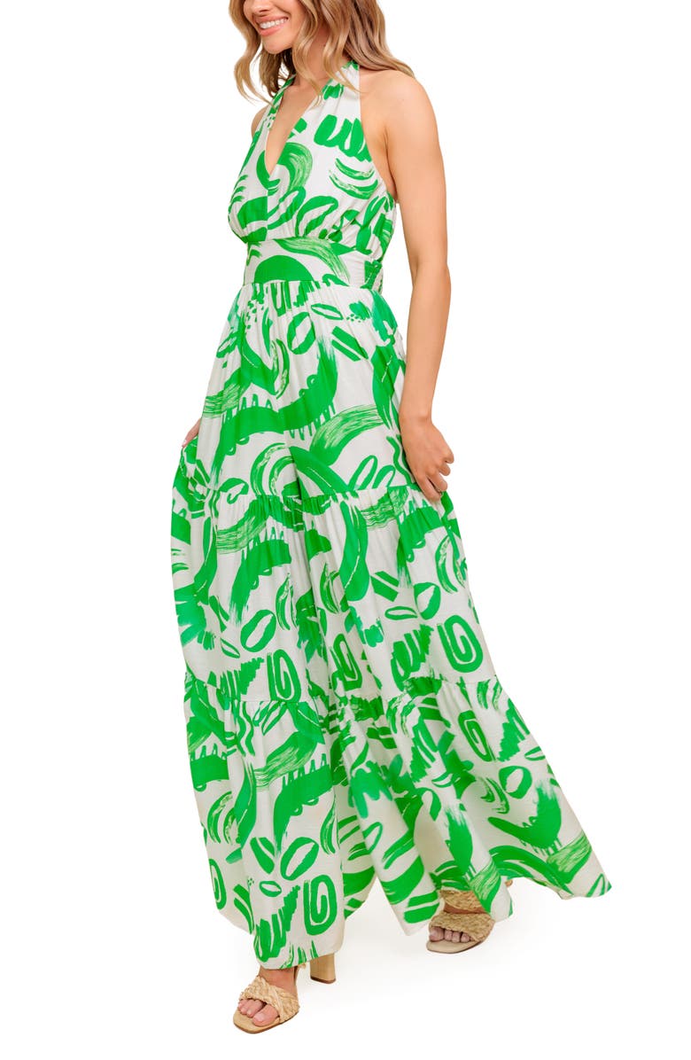 FLYING TOMATO Print Wide Leg Halter Jumpsuit, Alternate, color, Ivory Green