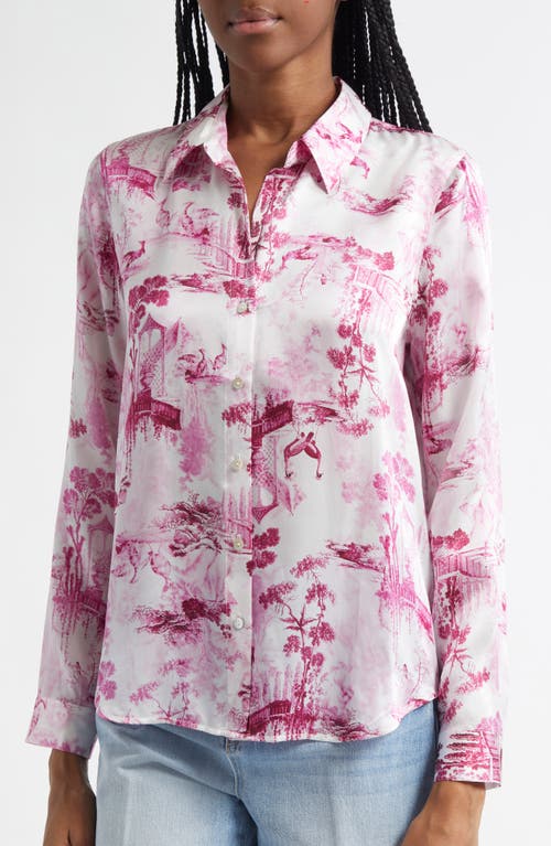 L Agence L'agence Tyler Peacock Print Silk Button-up Shirt In White/pink Porcelain Toile