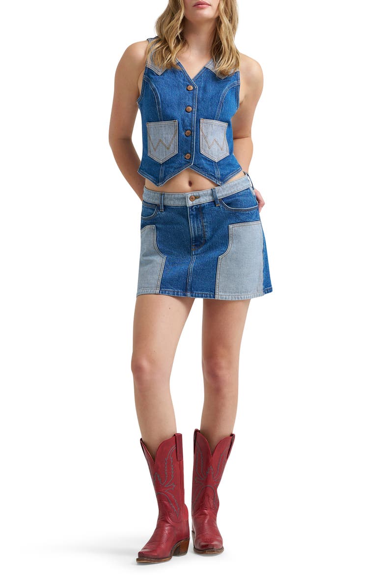 Rodeo Print Two-Tone Denim Vest, Alternate, color, BLUE FEVER