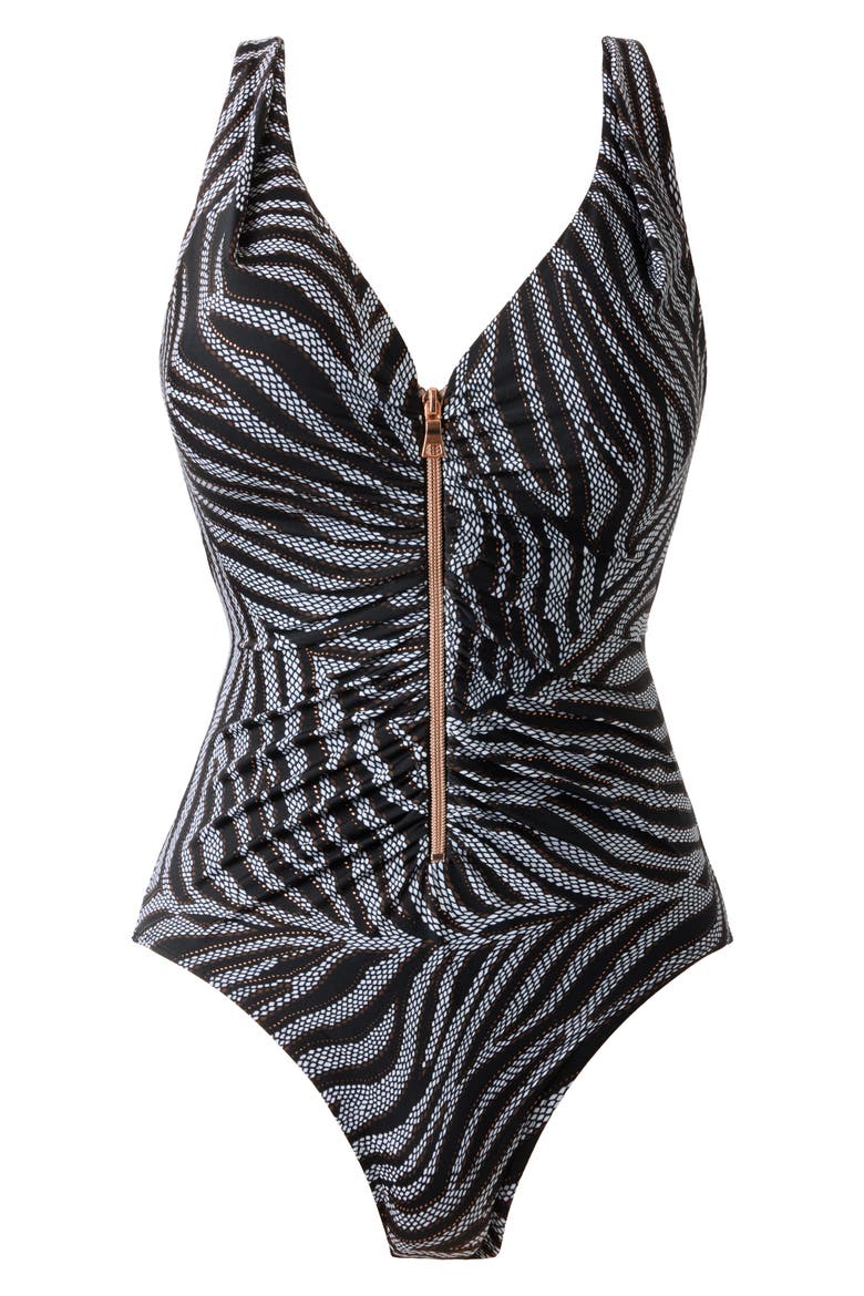 Zirconic Zip Front One-Piece Swimsuit, Alternate, color, BLACK/ WHITE