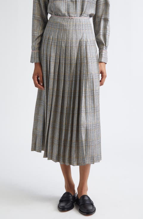 Hunting Tweed Pleated Silk Twill Skirt