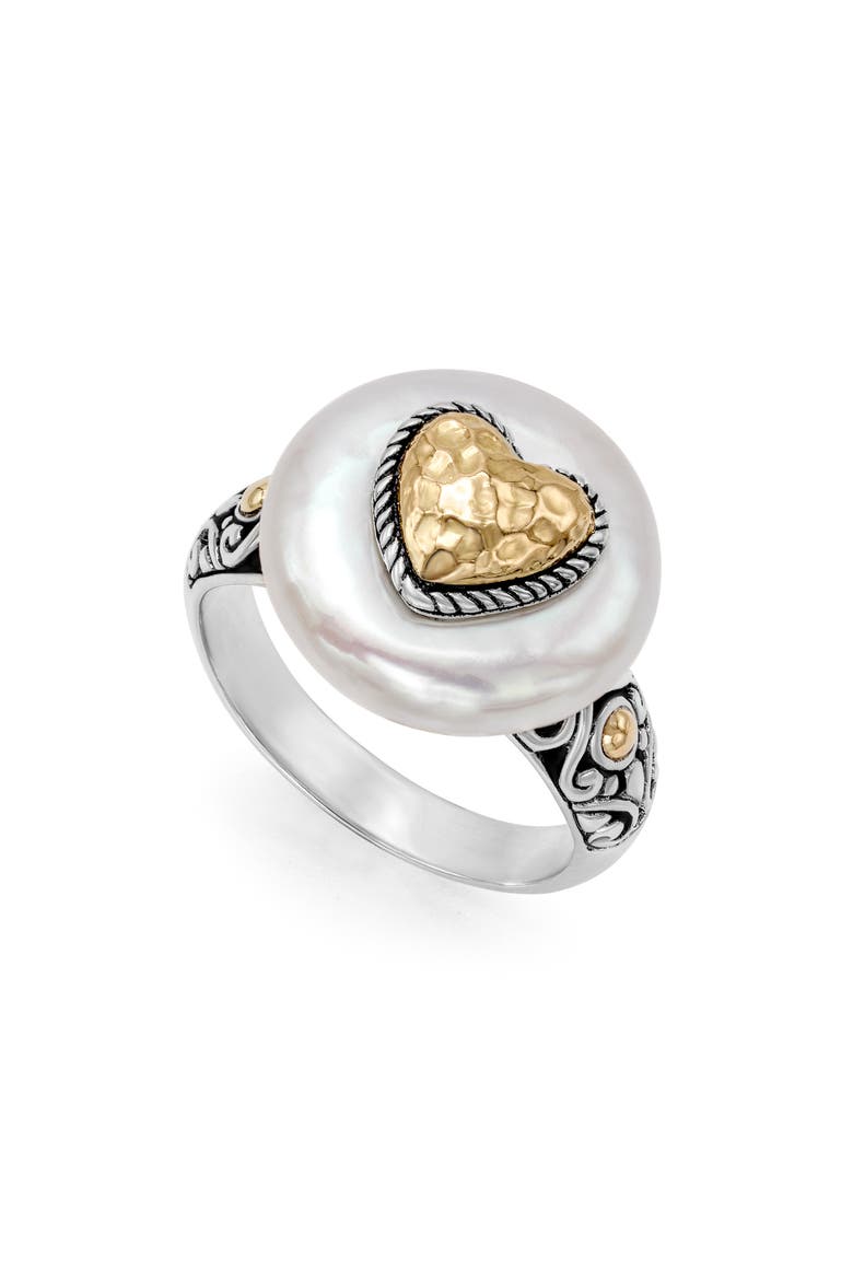 Two-Tone Coin Pearl Heart Ring, Main, color, STERLING SILVER/18K GOLD/PEARL