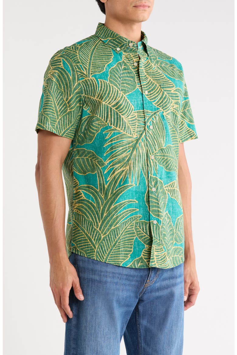 Forest Foliage Short Sleeve Cotton Blend Button-Down Shirt, Alternate, color, GREEN SEA