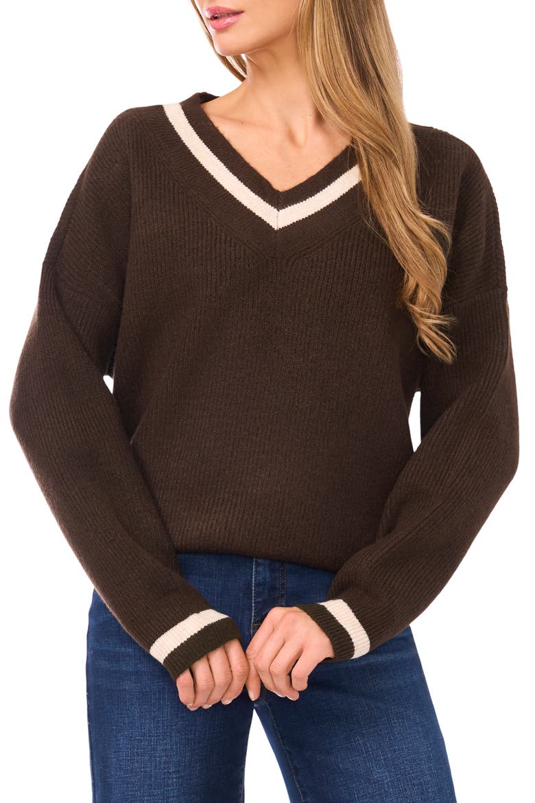 V-Neck Varsity Sweater, Main, color, CHOCOLATE