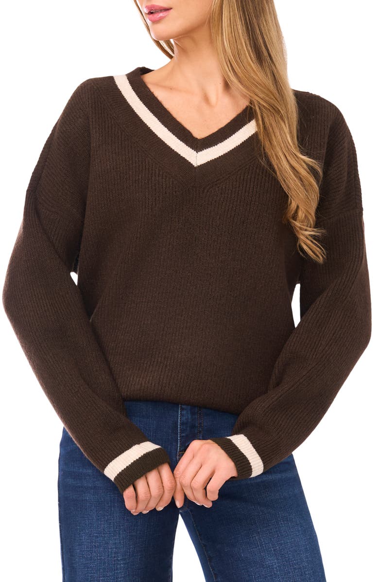 CeCe V-Neck Varsity Sweater, Main, color, Chocolate