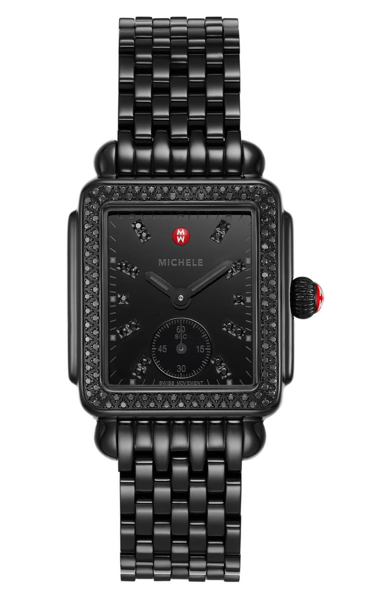 MICHELE Deco Mid Noir Diamond Watch Head & Bracelet, 31mm, Main, color, 