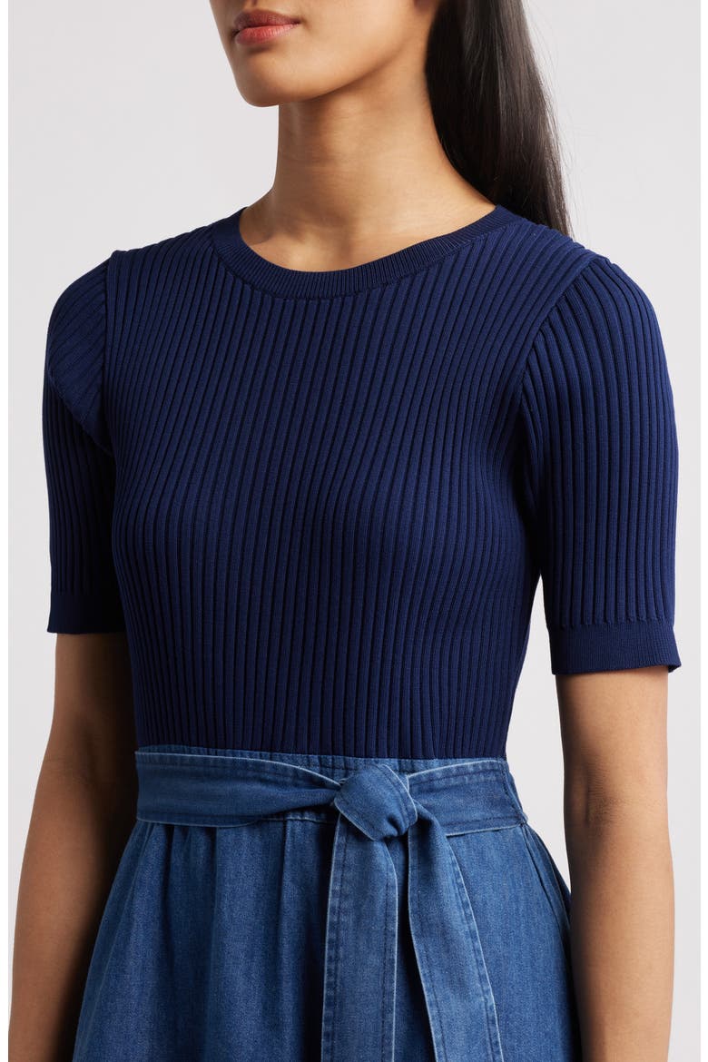 Mixed Media Denim Dress, Alternate, color, NAVY