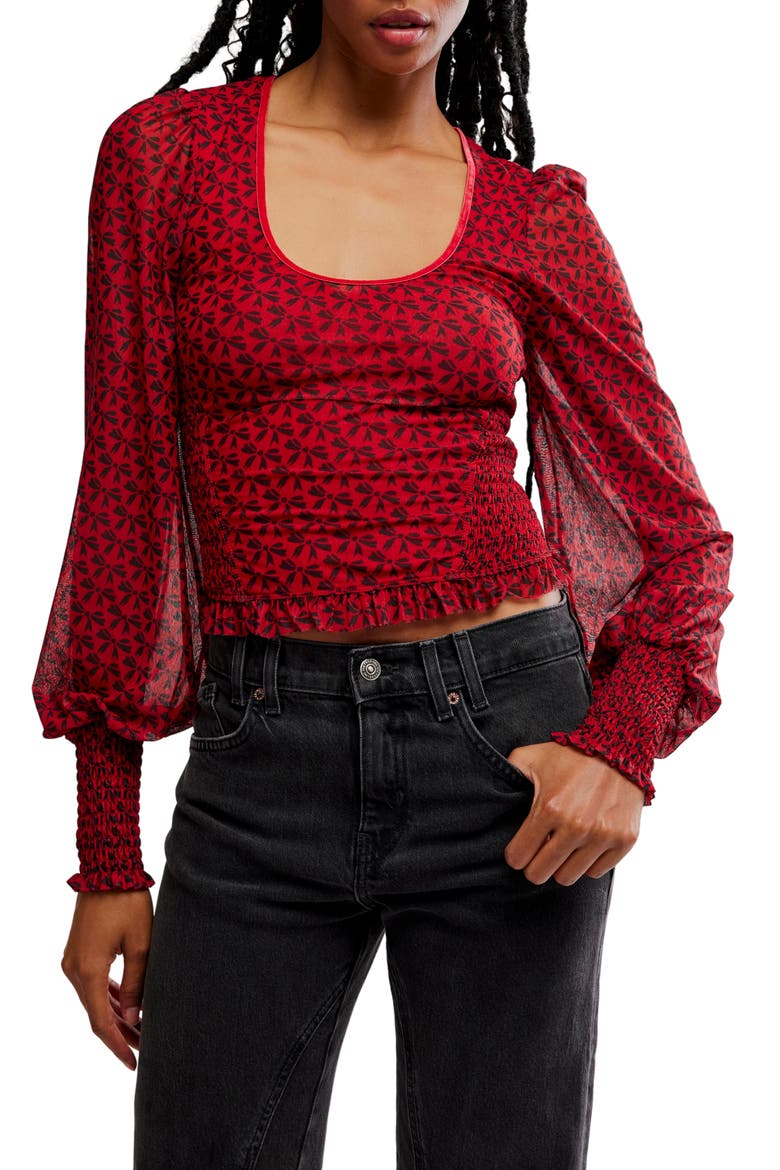 Dottie Bow Print Sheer Sleeve Smocked Top, Main, color, SALSA