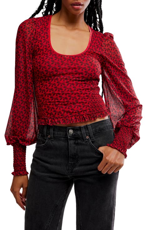 Dottie Bow Print Sheer Sleeve Smocked Top