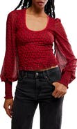 Free People Dottie Bow Print Sheer Sleeve Smocked Top