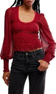 Free People Dottie Bow Print Sheer Sleeve Smocked Top
