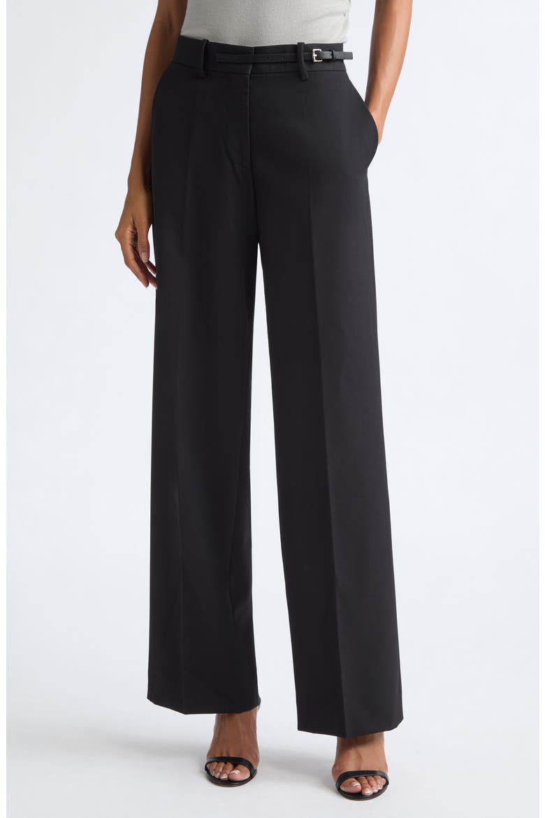 Belted Wool Gabardine Pants, Main, color, BLACK