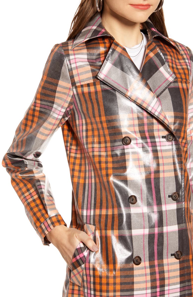 Something Navy Water Resistant Plaid Glossy Trench Coat, Alternate, color,