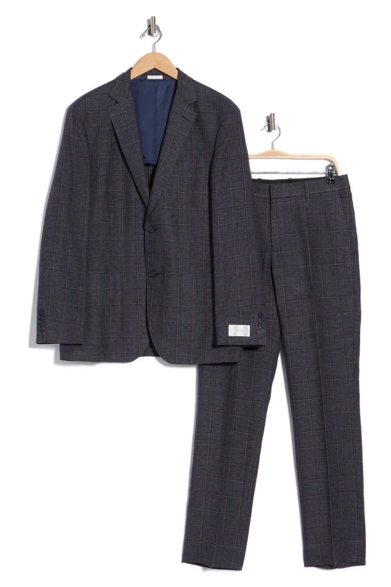 Trim Fit Plaid Linen Suit, Alternate, color, HACKETT DARK GREY PLAID