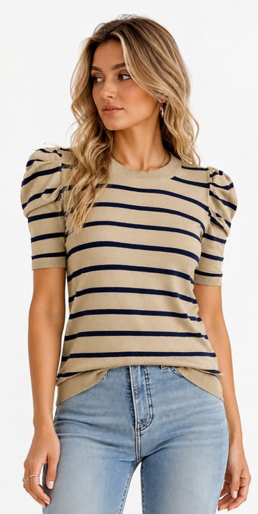 Striped Puff Sleeve Knit Top