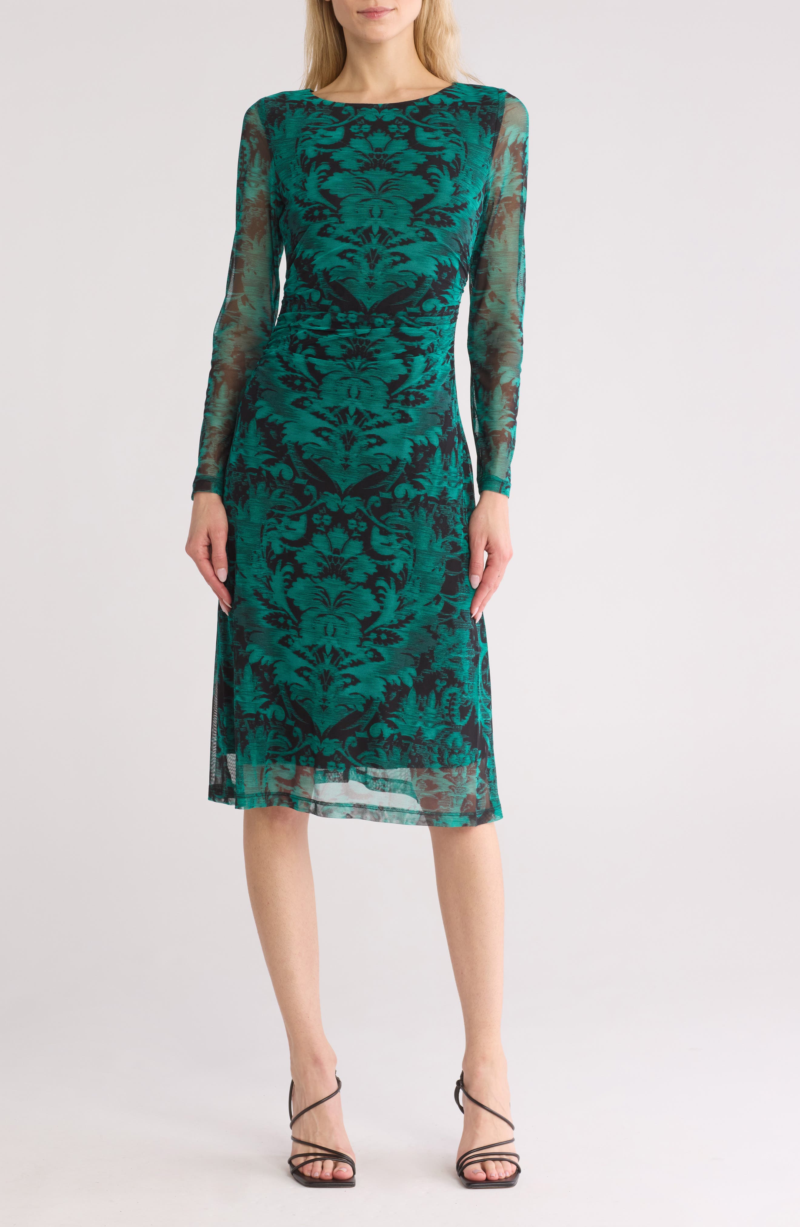 Connected Apparel Long Sleeve A-Line Mesh Midi Dress