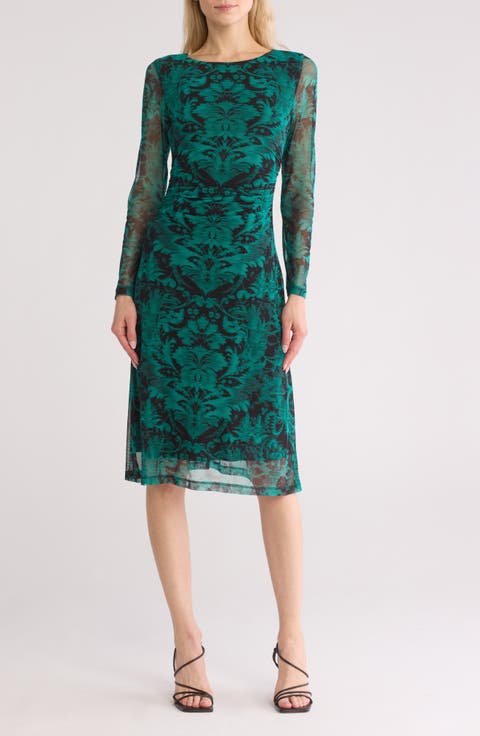 Long Sleeve A-Line Mesh Midi Dress