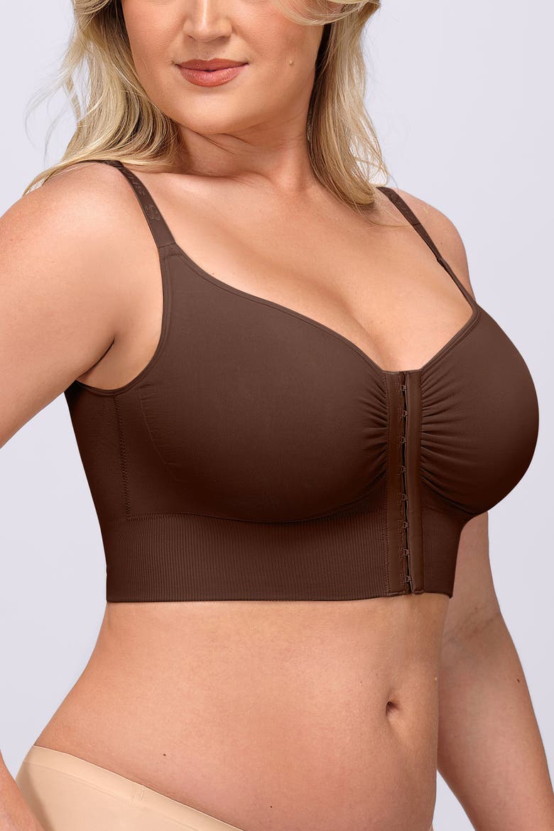 Back Smoothing Wireless Front Closure Bra, Alternate, color, Brown